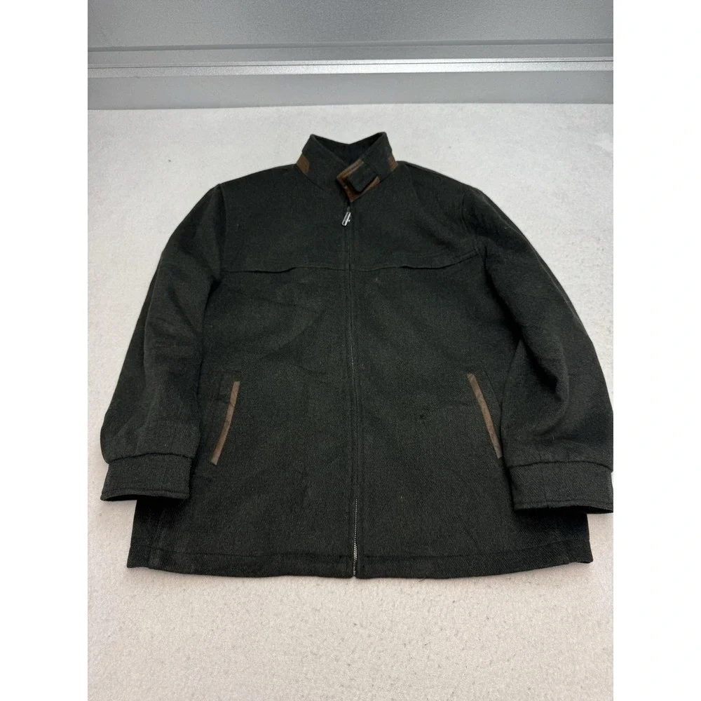 Enzo Tovare Jacket Mens Large Green Wool Herringbone Military Zip Buckle Collar